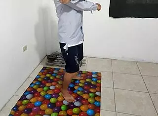 Athletic guy flexes aerobics flashing tiny flaccid penis shamefully