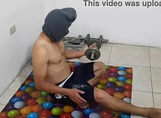 Athletic guy flexes aerobics flashing tiny flaccid penis shamefully