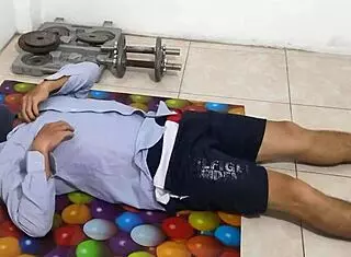 Athletic guy flexes aerobics flashing tiny flaccid penis shamefully