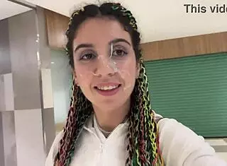 Crazy Brunette Facial After Mall Toilet Blowjob