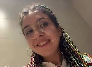 Crazy Brunette Facial After Mall Toilet Blowjob