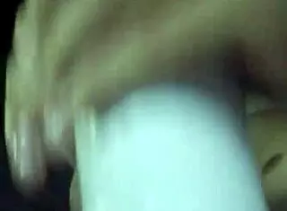 Blonde teen shoves huge dildo in shaved tight pussy hole cumming hard