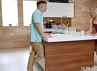 Petite blonde pornstar deepthroats shy groping into hardcore kiss