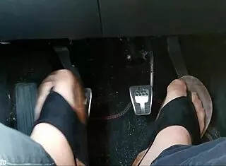 Chubby german's nylon feet tease with toe separators inside the car