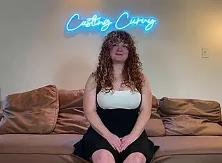 In this casting, curvy busty redhead nurse rides big cock, squirts in pov interview at hospital