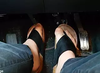 Chubby german's nylon feet tease with toe separators inside the car