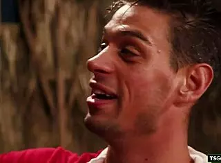 guy barebacks two shemales' asses in interracial lick fest