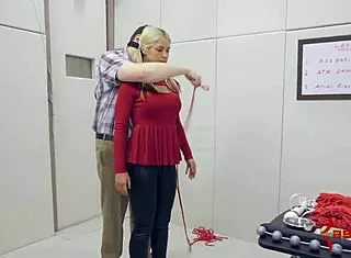 Bound teen bitch rims ass then takes hard threesome pounding