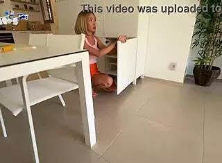 Blonde babe orgasms wildly on blowjob with buttplug then squirts everywhere