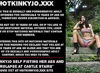 hotkinkyjo fists her gaping ass prolapse on castle stairs
