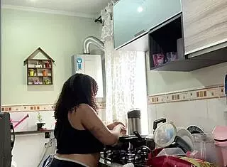 Chubby Latina Housewife Cooks In Panties Big Ass Belly Jiggles