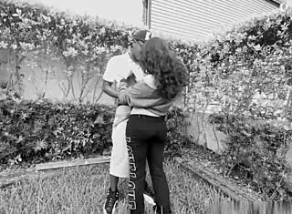 pregnant slut kneels outside sucking big black cock til facial cumshot