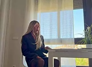 boss fucks me with big dick right through pantyhose on work desk