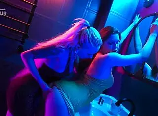 blonde slut picked up in club toilet for pussy licking and strapon fuck
