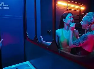 blonde slut picked up in club toilet for pussy licking and strapon fuck