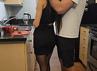 petite step sister fucked hard in black dress kitchen on desk