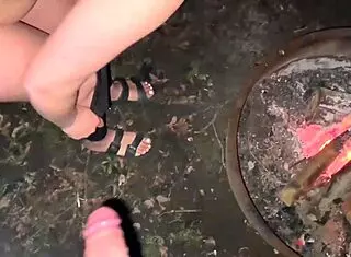 curvy camper gets creampie by campfire in public woods