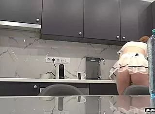 whoa tall latvian lilly's tight pussy shines thru see-thru miniskirt in kitchen 😍🍑🔥