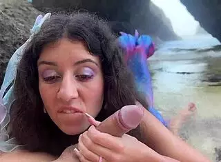 Island mermaid cosplay babe trades tail for legs and sloppy deepthroat ride