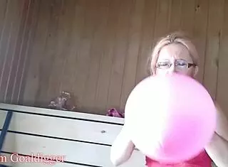 shemale blonde sissy slurps cock in lingerie balloon sauna fetish