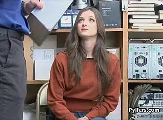 beautiful tattooed brunette fucked hard cock office spy