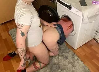 Stepmom Stuck in Washer Takes Stepsons Huge Cock Insertion