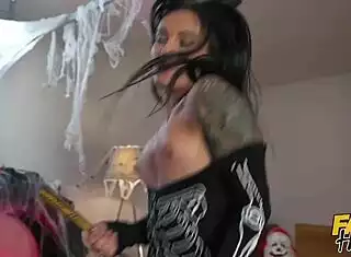 noisy college dorm party blondes and brunette give guest epic threesome on halloween!