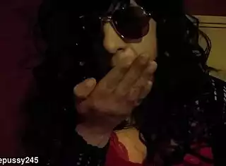 bisexual sissy crossdresser licks own cum from hand smears it on fake tits face