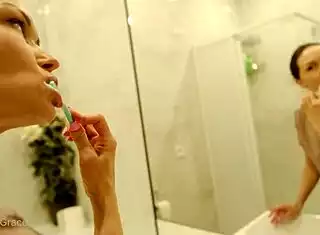 Kristina's morning starts barefoot legs spread in kitchen shower fun!