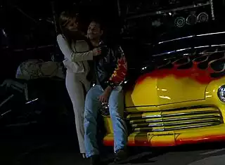 Blonde couple's car hood passion fuck ends in massive cum blast