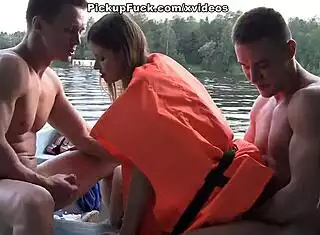 three men pickup tattooed girl boat blowjob creampie
