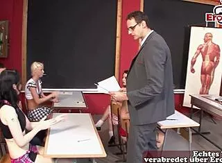 Sex in German school with shy petite student and teacher