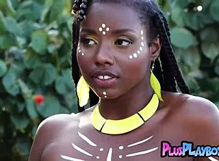 ebony milf rips clothes bares big ass tits posing naked outdoor