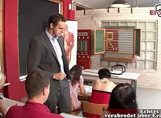 Sex in German school with shy petite student and teacher