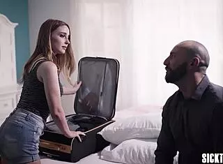 Sleazy monster cock seduces petite Laney Grey into taboo group banging after striptease reveal