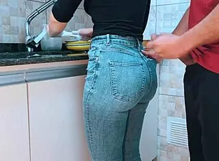 cumming on maid's big ass in gym clothes while washing dishes compilation