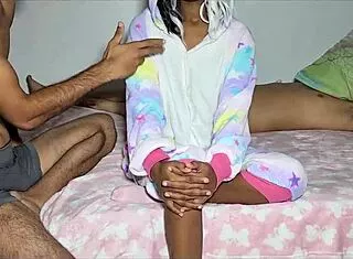 padrastro jerks off watching petite colombian hijastra fuck hermanastro hard!