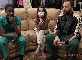 testing latex GLOVES on tanned nurse patient's small tits backstage