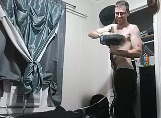 hunghank69 pumps huge monster cock closeup in homemade jerk off workout update spilling cum everywhere