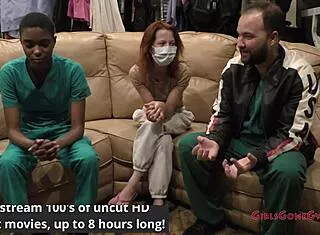 testing latex GLOVES on tanned nurse patient's small tits backstage
