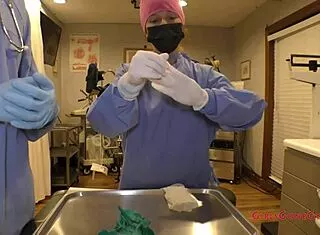 testing latex GLOVES on tanned nurse patient's small tits backstage