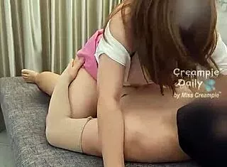 chubby asian wife ern with huge tits rides fat cock creampie in bedroom