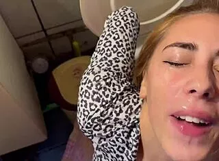 cute slave gags on deepthroat face fucking balls licking in bdsm toilet domination