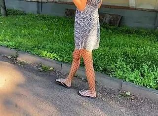 brunette skinny teen flashes upskirt ass plug pee in public fishnets