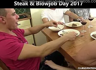 ready for steak and blowjob day group blowbang in kitchen?