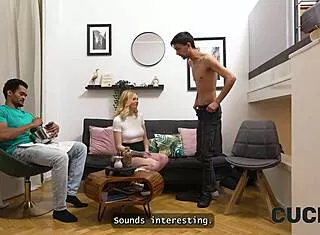 pregnant blonde milf takes stranger's cock as husband watches