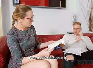 dude rides cougar physics tutor cowgirl on red sofa creampie explosion