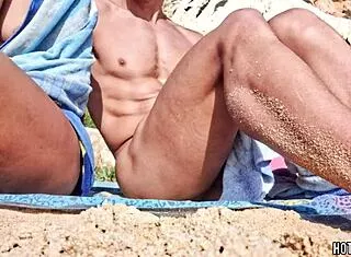 hey babe, hot sporty fit couple strips naked on beach for mutual masturbation handjob fun!