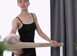 skinny blonde ballerina rides cock standing before gym creampie finish