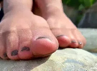 Goddess Teases Cute Nylon Soles Toes Riverside Closeup Bliss